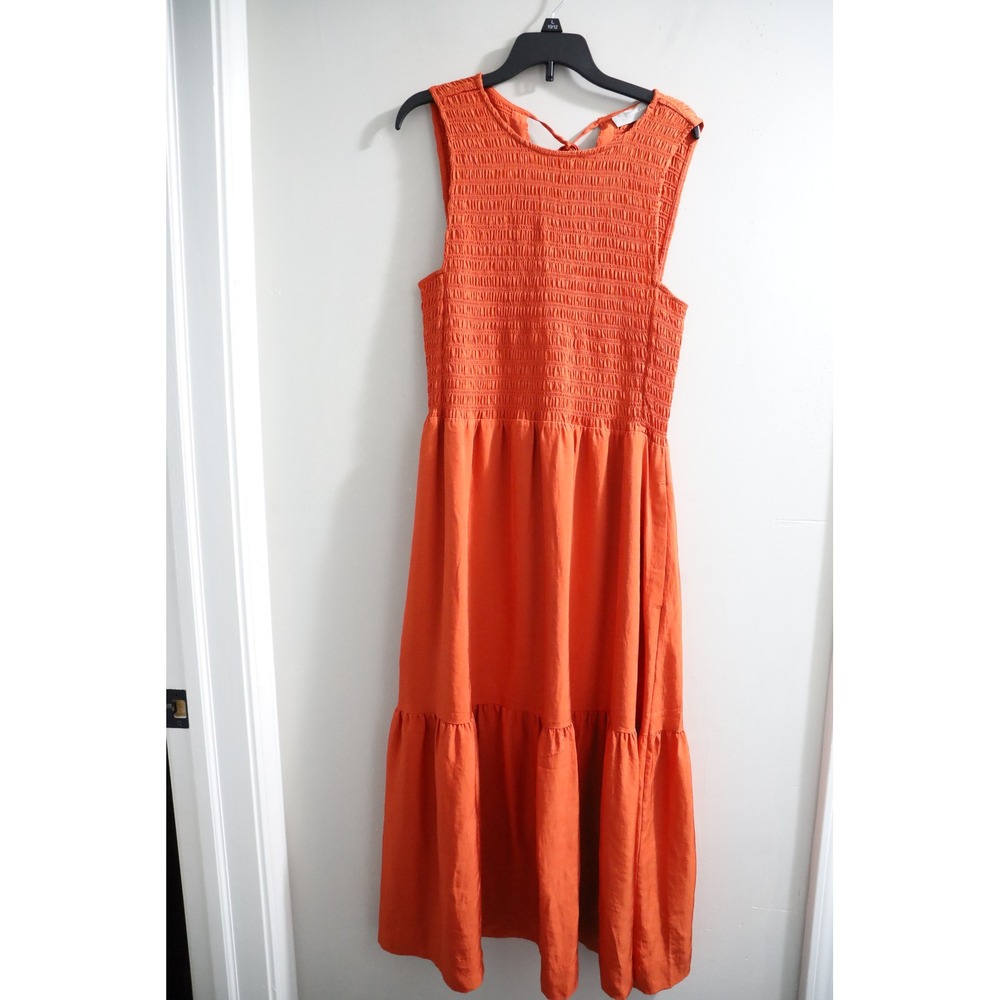 Orange Sleeveless Smocked Midi Dress